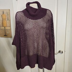 Colleen Lopez Turtle Cowl Neck Poncho Crochet Knit Mesh Purple 1X